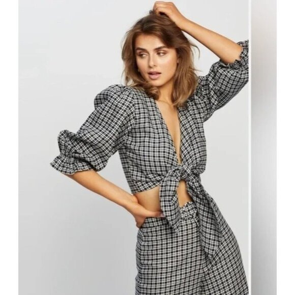 Faithfull The Brand Jacinta Tie Front Top Blouse Black White Check Plaid - Picture 1 of 11